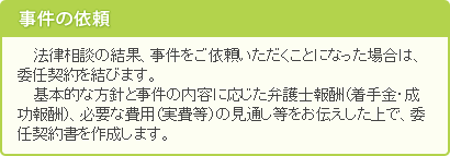 事件の依頼。法律相談の結果、事件をご依頼いただくことになった場合は、委任契約を結びます。基本的な方針と事件の内容に応じた弁護士報酬（着手金・成功報酬）、必要な費用（実費等）の見通し等をお伝えした上で、委任契約書を作成します。